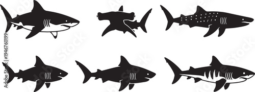 Black Solid Shark Silhouettes Set of Six on White Background