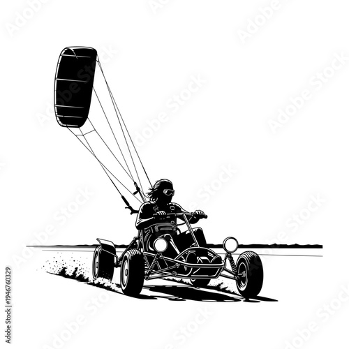 Adventurous rider navigating with a unique parachute-assisted vehicle