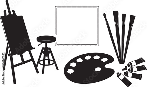 Black Solid Art Studio Silhouettes Set of Six on White Background
