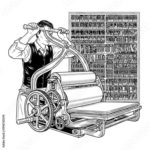 Vintage printing press operator at work in a busy print shop setting.