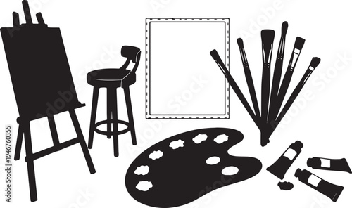 Black Solid Art Studio Silhouettes Set of Six on White Background