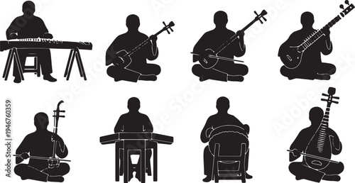 Black Solid Asian Musicians Silhouettes Set of Six on White Background