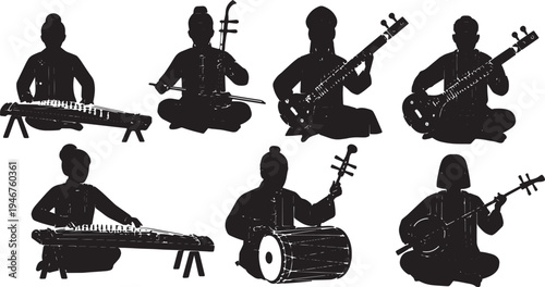 Black Solid Asian Musicians Silhouettes Set of Six on White Background