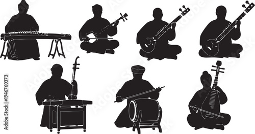 Black Solid Asian Musicians Silhouettes Set of Six on White Background