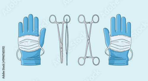 Medical Instruments And Protective Gear In Vector Illustration On Light Blue Background