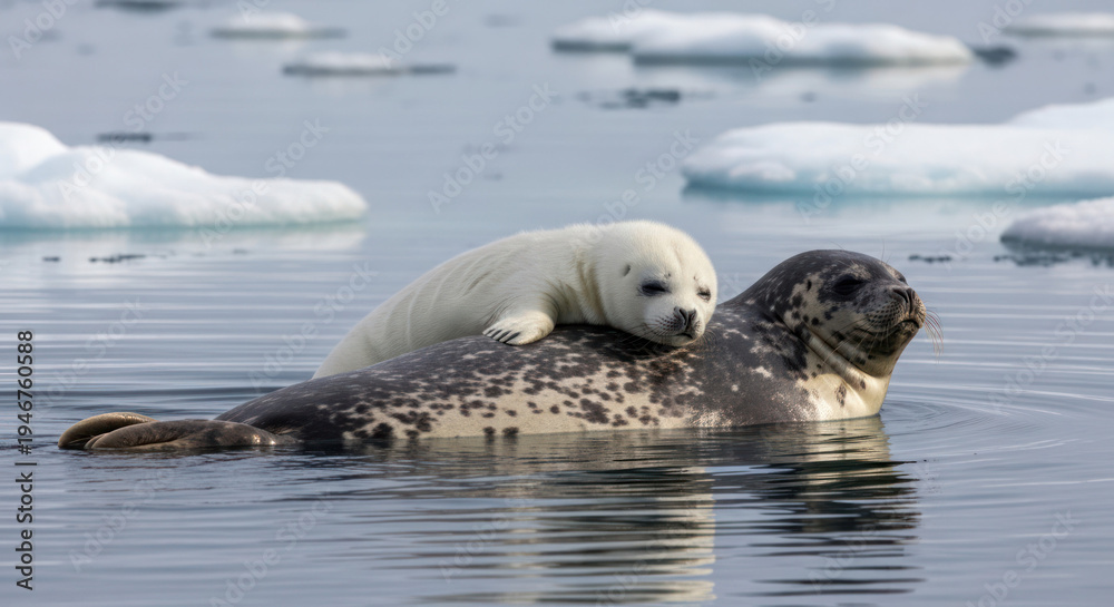 Naklejka premium A white seal pup resting on top of a spotted seal in icy waters with floating icebergs.