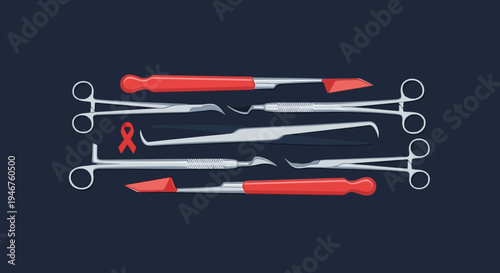 Medical Instruments and Symbol of Awareness Against Dark Background Illustration