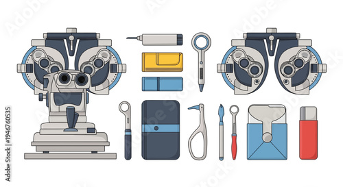 Medical Instruments and Vision Testing Equipment Illustration Isolated on White Background