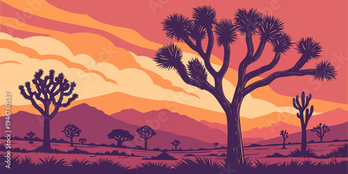 USA, US, U.S, United States - Joshua Tree National Park Desert Trees Colorful Sunset Panorama | Surreal Mojave Landscape Wall Art Poster | California Southwest USA Scenic Print