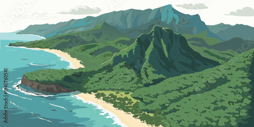 USA, US, U.S, United States - Kauai Lush Cliffs Coastline Aerial Panorama | Dramatic Tropical Island Scenery Wall Art Poster | Hawaii Na Pali Coast USA Scenic Print
