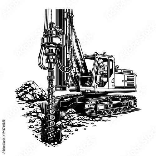 Heavy-duty drilling rig operating on a construction site with rocky terrain