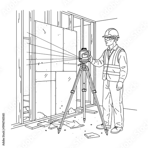 Surveyor using a total station instrument to measure and align a building frame