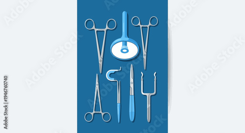 Medical Instruments Arranged On A Teal Background For Healthcare Or Surgical Procedures