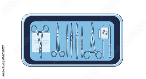 Medical Instruments Arranged On A Tray, Minimalist Illustration In Cyan And Gray Colors