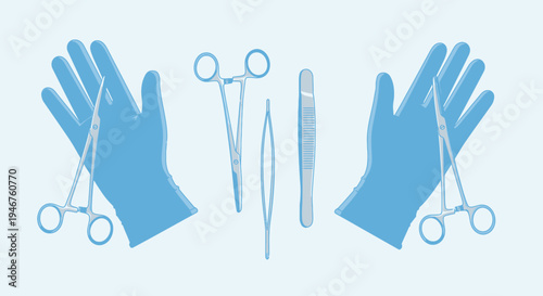 Medical Instruments Arranged With Blue Gloves Showcasing Surgical Tools For Healthcare