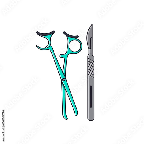 Medical Instruments Illustration Featuring Scalpel and Forceps for Surgical Procedures
