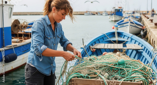 Young woman organizing fishing nets on boat by the harbor  