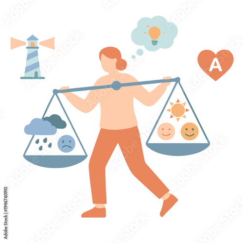 A woman balances contrasting emotions on a scale outdoors under a thoughtful expression.