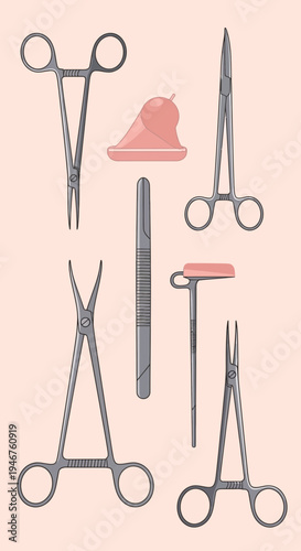 Medical Instruments Illustration Featuring Surgical Tools and Sterile Equipment on a Beige