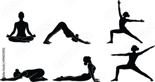 Silhouette yoga multiple poses, meditation, downward dog, warrior, child’s pose, cobra, fitness, exercise, wellness, flexibility, strength, balance, training, sport, athlete, gym