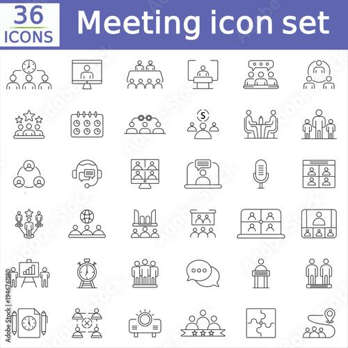 Meeting web icon set in line style. Conference, team, brainstorm, seminar, interview, collection.