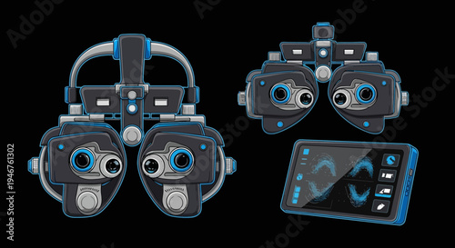 Medical Instruments Illustrating Eye Exam Apparatus And Digital Analysis Visualization