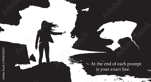 Silhouette of woman standing on cliff edge vector