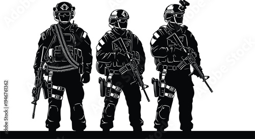 Special forces soldiers silhouette set with tactical gear and rifles isolated on white background, military infantry combat vector illustration collection.