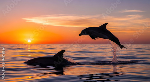 Two dolphins swimming and jumping in the ocean at sunset with warm orange hues and calm waters.