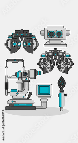 Medical Instruments Illustrating Vision and Optometry: Diagnostic Devices Displayed on White