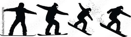 Snowboarder silhouette jump sequence, winter sports action, dynamic motion, snowboarding trick, extreme sport icon, athlete character, vector illustration design
