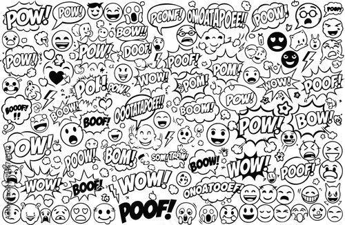 Illustration of Comic book speech bubbles and emojis