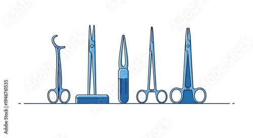 Medical Instruments in Blue Outline, Surgical Tools Arrayed on White Background