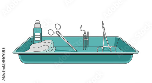 Medical Instruments in Teal Tray Depicting Surgical Tools Ready For Operation