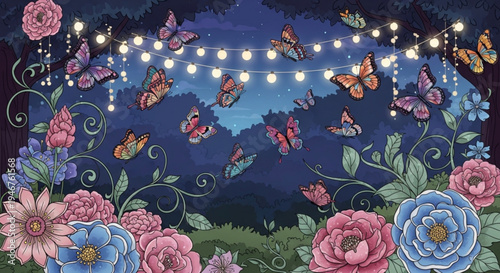 Vibrant butterflies and flowers under string lights on a magical night
