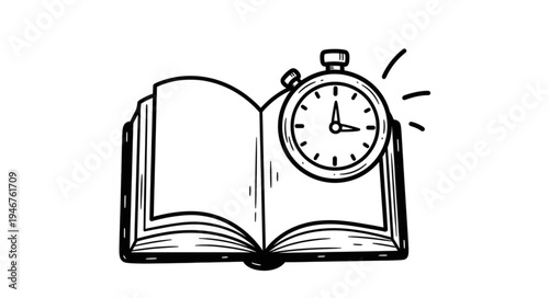 Open book with stopwatch illustration symbolizing time and learning.