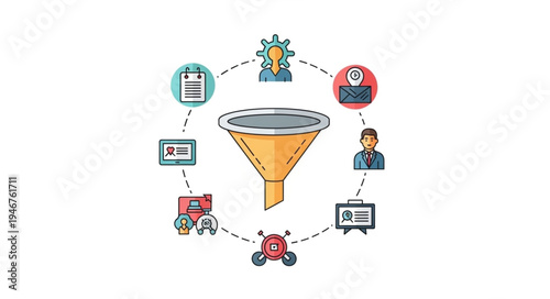 Digital marketing funnel with icons representing different stages.