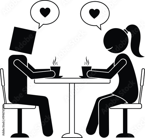 Stick figure silhouette of a couple on a coffee date, sitting at a table with hearts and hot drink cups.