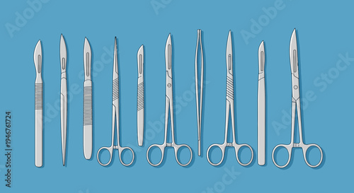 Medical Instruments: Surgical Scalpels And Forceps Arranged On A Bright Blue Background