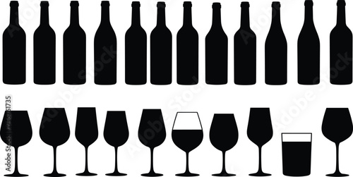 Wine and drink silhouettes – vector set of wine bottles, cocktail glasses, drinkware icons, bar menu elements, black isolated shapes