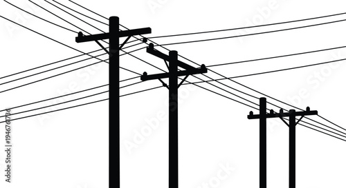 Utility poles, power lines, electrical infrastructure, silhouette design, energy grid, urban network, black and white, transformers, insulators, minimal composition