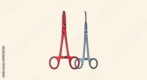 Medical Instruments: Surgical Scissors in Vivid Red and Gray Colors on a Light Background