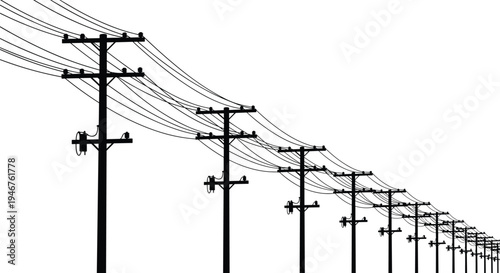 Utility poles with suspended power lines silhouette, infrastructure depth perspective, electricity concept, cad drawing flat vector illustration