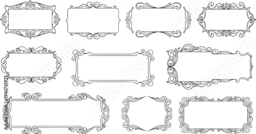 Vintage ornate rectangular frame vector set – decorative black and white borders for invitations, labels, certificates, wedding cards