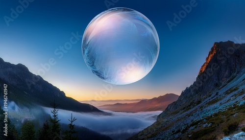 enormous crystalline orb hovers above a rugged mist shrouded valley at twilight