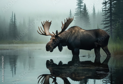 Giant bull moose stands in a swampy lake, foggy morning forest, massive antlers, gloomy atmosphere