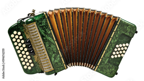 Canvastavla Isolated vintage green accordion with ornate patterns, a traditional squeeze box