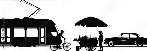 Urban City Transportation Silhouette Vector Illustration with Electric Tram Passenger Train Cyclist Riding Bicycle Street Food Vendor Cart and Vintage Classic Car Design