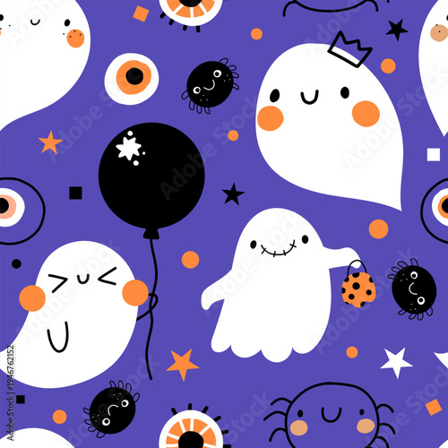 Halloween spooky ghost seamless pattern ideal for wrapping paper, background decoration print. Trick or treat party holiday illustration pumpkin silhouettes. Simple childish kid texture