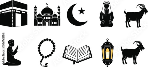 Vector collection of black Islamic silhouette icons featuring Kaaba, mosque, goat, lantern, Quran, and praying figures for Ramadan and Eid al-Adha religious celebration designs.